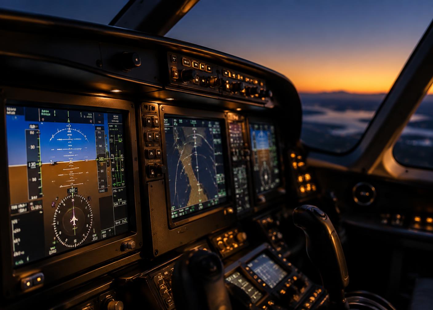 Glass cockpit panel of a turboprop at dusk
