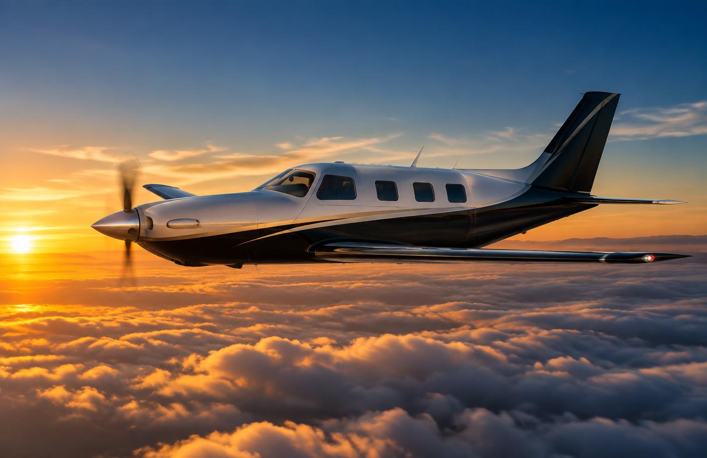 Pressurized single-engine aircraft above the clouds